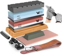 Kit de pierres à aiguiser professionnel - Aiguiseur de couteaux 12 en 1 - Grain 400/1000, 3000/8000 - Pierre à aiguiser avec support antidérapant en silicone - Guide d'angle - Bande de cuir à affûter 
