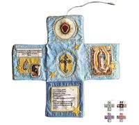 Kit de prière de voyage catholique fabriqué à la main - Édition Faith, 25,4 cm avec croix, pochette en tissu pliable en forme de croix, images de saint et prières espagnoles, cadeau chrétien (bleu)