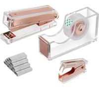 Kit de reliure Unyqoos® – Agrafeuse transparente en acrylique avec 1000 agrafes, dérouleur de ruban adhésif et outil de retrait d'agrafes, couleur rose or, fournitures de bureau