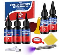 Kit de réparation de comptoir en quartz - 4×20g Colle de réparation UV (Transparent/Blanc/Gris/Beige) - Polymérisation UV 30s + Vernis brillant | DIY éclats/fissures/rayures marbre/granit/porcelaine