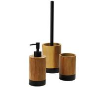 KADAX Ensemble d'accessoires de salle de bain en polyrésine robuste, distributeur de savon, gobelet à brosse à dents et brosse WC, accessoires de salle de bain aspect bois (bois noir)