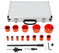 Kit de scies trépans - Acier à haute vitesse bi-métallique pour bois et métal - 17 pièces - Diamètres : 19–76 mm - Extension de 300 mm - Tige cylindrique - Rouge