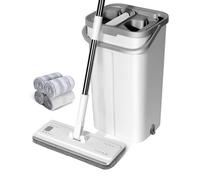 Kit de serpillère avec seau intégré et système d'essorage - Inclut une tête en microfibre et un manche en acier inoxydable