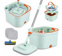 Kit de serpillière avec seau - Serpillière plate pour sols - Système à 2 compartiments - Tête rotative à 360° - Manche télescopique en acier inoxydable - Mop en microfibre pour tous les types de sols