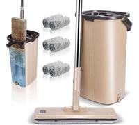 Kit de serpillière Unyqoos® avec seau – Système 2-en-1 pour laver et essorer, tête de serpillière rotative à 360°, 6 tampons en microfibre, manche en acier inoxydable de 134 cm, idéal pour les sols en