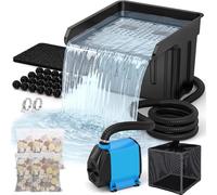 Kit de sortie pour cascade d'étang, comprenant un filtre pour cascade d'étang avec une pompe silencieuse de 3700 l/h et un panier filtrant, un tuyau ondulé de 4 mètres, et du matériel filtrant pour le