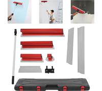 Kit de spatules pour cloisons sèches - Kit de lames de raclage - Acier inoxydable - Lames de 35/60/80 cm - Épaisseur 0,4 mm - Manche télescopique 87–156 cm - Argent/Rouge