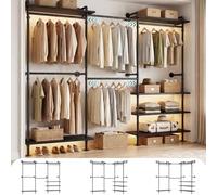 Kit de système de rangement mural industriel pour vêtements, montage mural, système d'armoire ouverte, barre télescopique avec étagères en bois, résistante en métal pour dressing, couleur noir