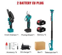 Kit de taille tout-en-un sur batterie : tronçonneuse et élagueuse - Moteur sans balais - Lame de 15 cm - Cisailles à branches de 30 mm - Tige télescopique de 2 m - 2 batteries avec chargeur