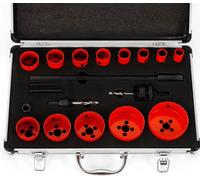 Kit de trépailles - Trépailles bi-métalliques HSS, 17 pièces - Pour acier inoxydable, bois et aluminium - Diamètre des trous : 19–76 mm - Rallonge de 30 cm - Plastique - Noir
