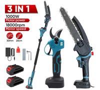 Kit de tronçonneuse et de cisaille à batterie - 3 en 1 : tronçonneuse, cisaille de jardin et coupe-bordures - 1000 W - Moteur sans balais - Télés copique - Lame de 20 cm - Batterie 21 V incluse