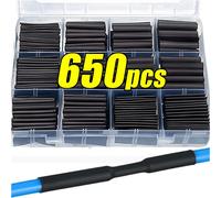 Kit de tubes thermorétractables noirs, gaine thermorésistant, emballage de fil rétractable, câble de connexion électrique, manchons d'isolation, protecteur 650pcs with EU Gun