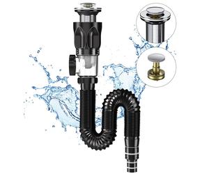 Kit de tuyauterie d'évacuation pour éviers, siphon, kit d'évacuation anti-odeurs avec tuyau d'évacuation flexible et filtre à clapet, bouchon d'évacuation, extensible de 300 à 1 000 mm.