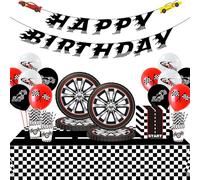 Kit de vaisselle de fête d'anniversaire pour garçon - Voiture de course - Ballons Happy Birthday - Bannière d'anniversaire d'enfant - Avec voitures, assiettes en carton, gobelets, serviettes, pailles