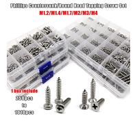 Kit de vis autotaraudeuses pour bois, tête fraisée plate ou bombée, à empreinte cruciforme, en acier inoxydable 304, tailles mixtes M1.2 M1.4 M1.7 M2 M3 M4 countersunk 380pc