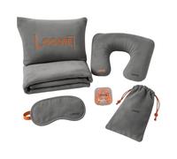 Kit de Voyage 4-en-1 pour Avion, Train, Voiture et Camping - Couverture Douce en Plaid Polaire Pliable et Compact, Coussin Gonflable Ergonomique, Bouchons d’Oreilles, Masque de Sommeil et Pochette
