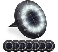 Kit d'éclairage solaire de jardin comprenant 12 disques LED, un boîtier en acier inoxydable, une batterie de 800 mAh, prêt à l'emploi pour l'extérieur, avec piquet de fixation, blanc.