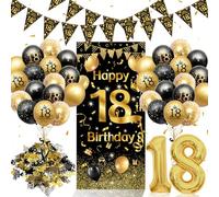 Kit déco 18e anniversaire Noir et Or fête d'anniversaire garçon et fille | Décoration complète pour d'anniversaire grande banderole de fond, guirlande triangulaire, ballon chiffre, ballons et confetti