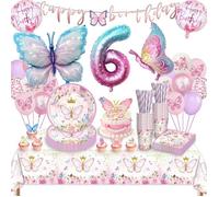 Kit déco anniversaire papillon pour fille 6 ans - Vaisselle fête: assiettes, gobelets, serviettes, nappe, ballons - Pour 16 invités