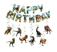 Kit Décoration Anniversaire Dinosaure avec Banderole Happy Birthday et 8 Spirales Suspendues, Guirlande Dino Vert pour Fête à Thème Jungle, Déco de Fête Préhistorique