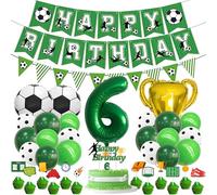 Kit Décoration Anniversaire Foot - Ballons Aluminium Chiffre 6 Vert, Ballons Aluminium Football, Ballon Latex Vert, Bougie Numéro 6, avec Décorations de Gâteau, pour Enfant 6 Anniversaire Party
