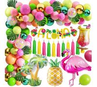 Kit Décoration Tropicale Hawaïenne,Arche Ballon Tropical Rose Vert Or, Guirlande Aloha, Ballons Flamant Rose Ananas Palmier[BB675]