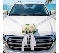 Kit Décoration Voiture Mariage, 3 Roses, 4 Nœuds, Tulle, Ventouse, Soie Artificielle, Blanc, Cérémonie Fête .