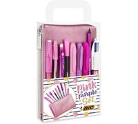Kit d'écriture rose avec trousse - BIC - 9 instruments d’écriture - Trousse rose métallisée - Stylo 4 Couleurs Shine