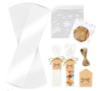 Kit d'Emballage Sac à Bougie en Cellophane Transparent - 100 Sachets avec 100 Étiquettes Cadeau en Papier Kraft Artisanal, 100 Autocollants Flocons de Neige et Ficelle en Jute - pour Bougies, Bonbons