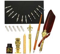 Kit d'encre plume d'oie | Kit de stylo de trempage de calligraphie vintage - Kit de plumes d'oie comprenant le trempage plume, l'encre, les pointes de rechange, les bâtons de cachet de cire