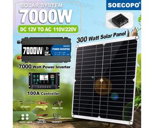 Kit d'énergie solaire 7000 W avec contrôleur 100 A et panneau 300 W, onduleur hors réseau 12 V à 110 V/220 V pour maison/Camping/RV/coulement d'urgence 110V solar kit