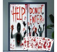 Kit d'Halloween de 10 pièces : une grande affiche décorative sanglante, 2 silhouettes d'Halloween pour les fenêtres et 8 empreintes de mains et de pieds pour décorer les fenêtres et créer une maison h