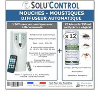 Kit Diffuseur Automatique avec Télécommande + 12 Aérosols Insecticide au Pyrèthre Végétal 250 ml - Anti-Mouches & Anti-Moustiques - Action Choc pour Volants et Rampants