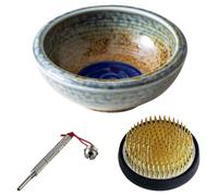 Kit d'Ikebana : Vase en céramique Minoyaki, support floral Kenzan de 61 mm, nettoyant – Bleu/Marron