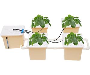 Kit d'irrigation goutte-à-goutte pour culture hydroponique - 5 seaux - 11 L par seau - Pompe 220–240 V, 4 W - 300 L/h - Hauteur de refoulement 60 cm - IPX8 - Jaune clair/Blanc