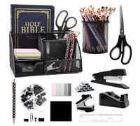 Kit d'organisation de bureau et d'accessoires 12 en 1 noir - Fournitures de bureau noires - Agrafeuse noire - Porte-stylo - Support de ruban adhésif - Agrafes - Décapsuleur pour l'école - Cadeaux pour