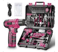 Kit d'outils avec perceuse - Kit de bricolage - Pour travaux de rénovation et d'entretien à domicile - 233 pièces - Couple de 12 Nm - Rose