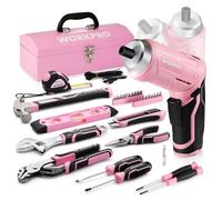Kit d'outils de 73 pièces, rose, comprenant une visseuse sans fil compacte, dans une mallette d'outils en métal pour les réparations domestiques