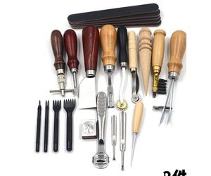 Kit d'outils de cuir - Set de 19 pièces en métal massif - Pour couture manuelle et sellerie - Alène, outil de finition, couteau à parer, outil à emporte-pièce, ciseau