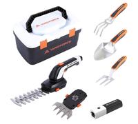 Kit d'outils de jardin comprenant : batterie 4V/4Ah, cisaille à gazon et à haies, pelle à main, couleur blanche