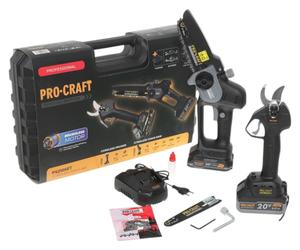 Kit d'outils de jardinage sans fil Procraft PS210SET Black Edition : mini-tronçonneuse CCS20 + sécateur CP20 20 V sans balais + 2 batteries 2,0 / 4,0 Ah + chargeur