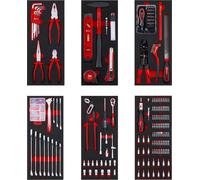 Kit d'outils d'origine Einhell à 6 compartiments pour chariot d'atelier – 299 pièces, comprenant des embouts de précision et spéciaux, des pinces, des vis, des clés à douille, un niveau à bulle, un ma