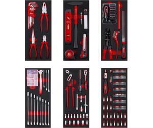 Kit d'outils d'origine Einhell à 6 compartiments pour chariot d'atelier – 299 pièces, comprenant des embouts de précision et spéciaux, des pinces, des vis, des clés à douille, un niveau à bulle, un ma