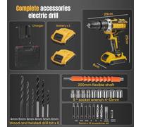 Kit d'outils multifonction 3-en-1 : perceuse-visseuse à percussion sans fil 21V, 2 vitesses, 25+3 réglages de couple, 2 batteries incluses, couleur jaune