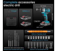 Kit d'outils multifonction 3-en-1 : perceuse-visseuse à percussion sans fil 21V, avec 25+3 réglages de couple, 2 vitesses, et 2 batteries incluses, de couleur noire