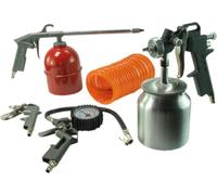 Kit d'outils pneumatiques - 5 pièces - Pistolet à peinture - Pistolet à huile - Soufflette - Manomètre à pneus - Tuyau spiralé 5 mètres - Accessoires pour compresseur - Métal / Plastique - Gris Rouge