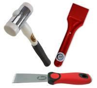 Kit d'outils pour la pose de revêtements de sol : burin, spatule, marteau