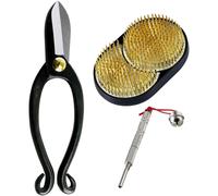 Kit d'outils pour l'ikebana : ciseaux, support floral (kenzan) et outils d'entretien