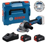 Kit d'outils professionnel Bosch : Meuleuse d'angle sans fil GWS 18V-8 + 2 batteries GBA 4 Ah + chargeur GAL 18V-40 + disque de tronçonnage 125, le tout dans un coffret L-BOXX