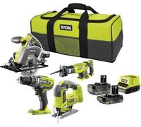 Kit d'outils sans fil Ryobi ONE+ 4 outils, Perceuse-visseuse, Scies sauteuse circulaire sabre, 2 batteries 4.0Ah 2.0Ah, Chargeur et sac